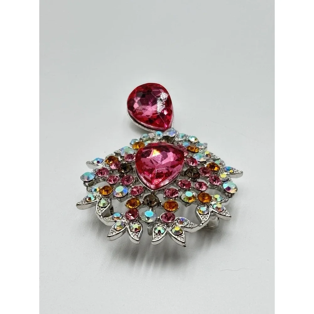 Vintage Style Rhinestone Brooch‎ Pendant Pink Teardrop AB Crystal Floral